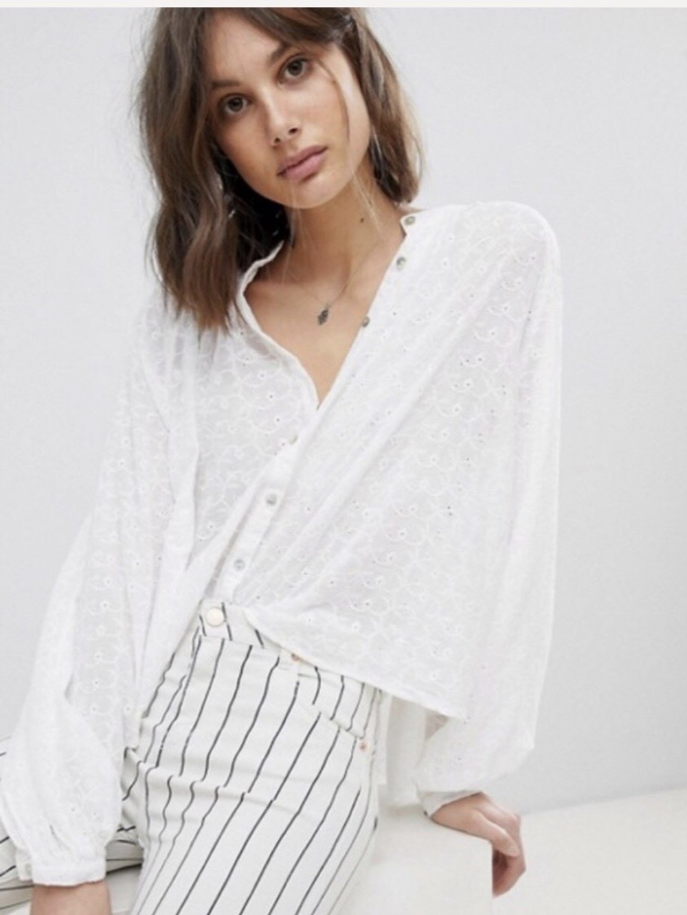 Free People White Eyelet Button-Front Blouse